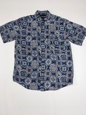 Vintage 90s 100% Silk Colore Italia Medallion Print Camp Shirt Blue Mens S